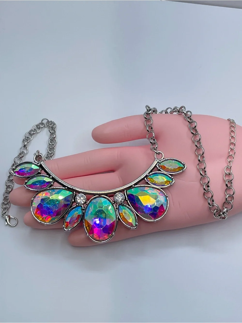 Silver AB Crystal Statement Bib Necklace Iridescent Glam Bold